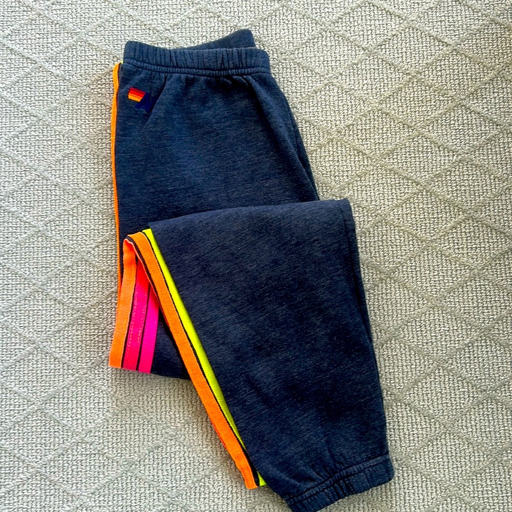 STRIPE SWEATPANTS - HEATHER NAVY // NEON RAINBOW
